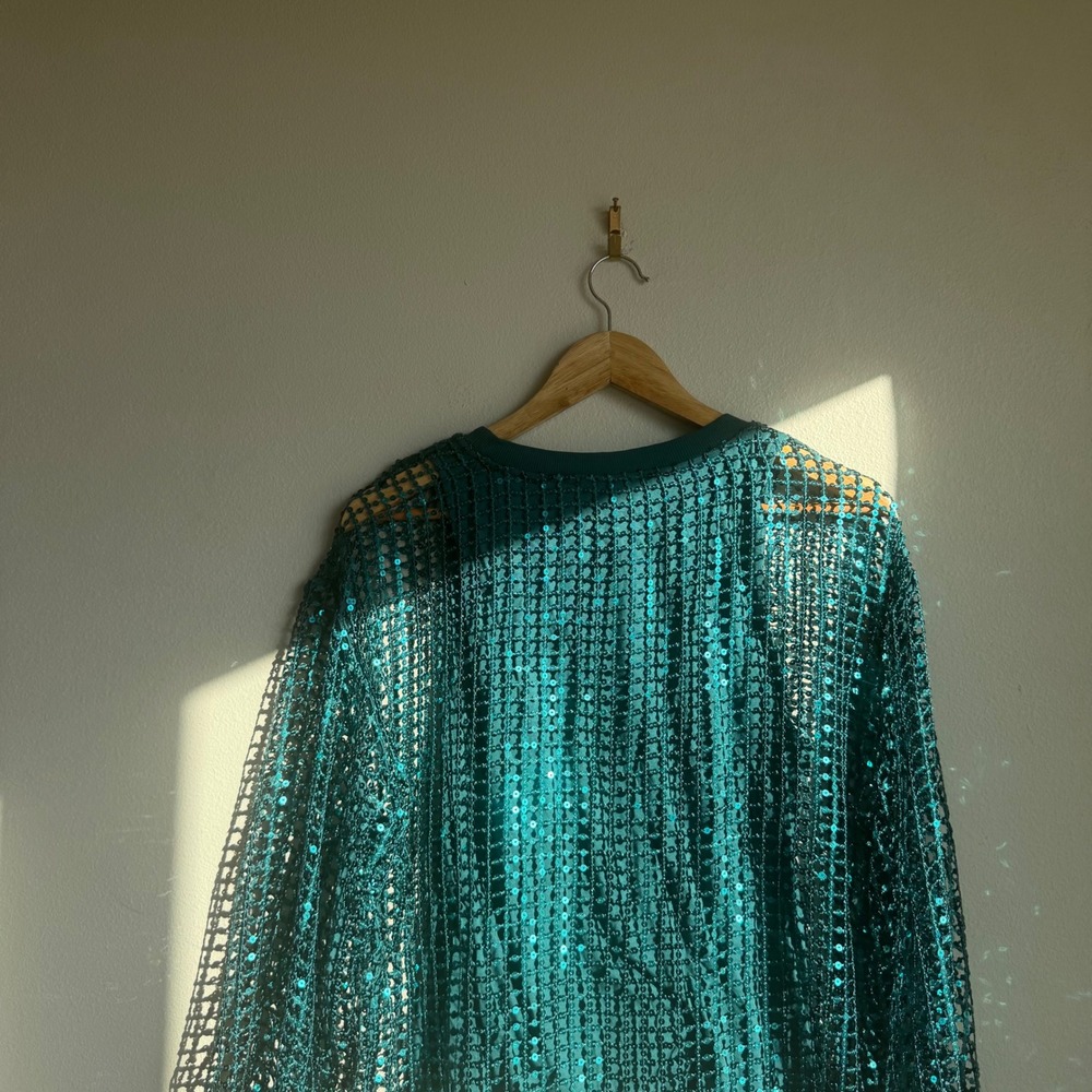 Anthropologie Pilcro Teal Sequin Lattice Long Sleeve Top - Picture 7 of 8